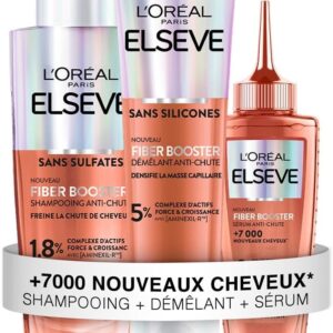 L’OREAL PARIS – Elseve Fiber Booster – Protocole Anti-Chute Cheveux - Stimule la Pousse* – Augmente la Densité Capillaire – Hommes & Femmes - Shampooing Sans Sulfates + Démêlant Sans Silicones + Sérum