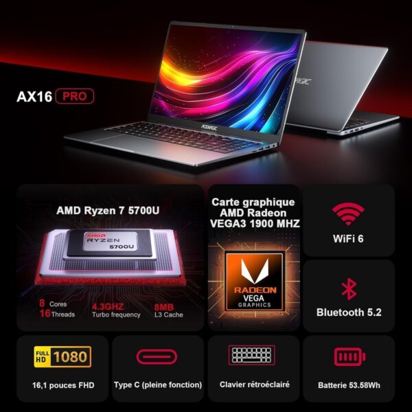 ACEMAGIC 16,1'' Ordinateur Portable AMD avec Boîtier en Métal Ryzen 7 5700U(8C/16T,4,3GHz) Clavier Rétroéclairage PC Portables 16Go Ram Sodimm DDR4x2,512Go M.2 SSD,WiFi 6,BT5.2,Type C – Image 5
