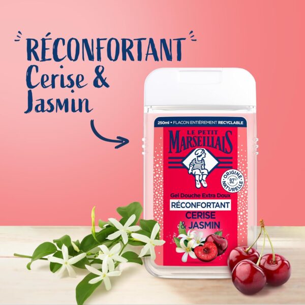 Le Petit Marseillais | Gel Douche Extra Doux Réconfortant Cerise & Jasmin (flacon de 250 ml) – 92% d'ingrédients d'origine naturelle – pH neutre pour la peau et sans colorant – Image 7
