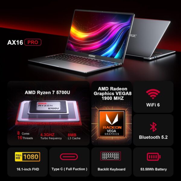 ACEMAGIC Ordinateur Portable 15.60 Pouces avec AMD Ryzen 7 5825U(8C/16T, jusqu'à 4,5GHz) 16Go Ram DDR4,512Go M.2 SSD Boîtier en Métal pour PC Portables, FHD,WiFi 6,BT5.2,HDMI,Type C – Image 4