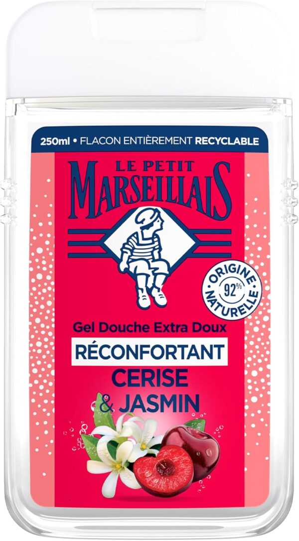 Le Petit Marseillais | Gel Douche Extra Doux Réconfortant Cerise & Jasmin (flacon de 250 ml) – 92% d'ingrédients d'origine naturelle – pH neutre pour la peau et sans colorant – Image 6