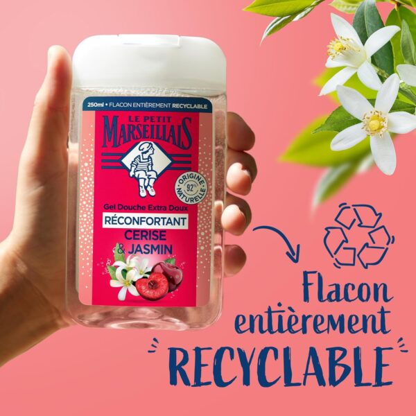 Le Petit Marseillais | Gel Douche Extra Doux Réconfortant Cerise & Jasmin (flacon de 250 ml) – 92% d'ingrédients d'origine naturelle – pH neutre pour la peau et sans colorant – Image 4